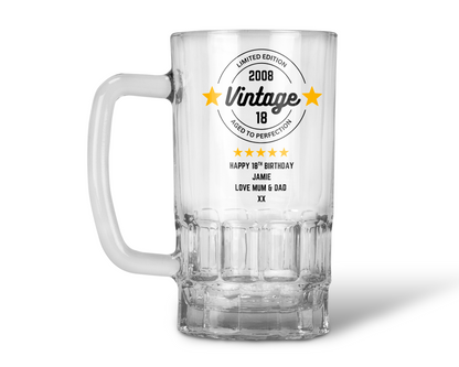 Personalised 20oz Pint Clear Glass Beer Tankard Mug - Vintage Stars Birthday Design