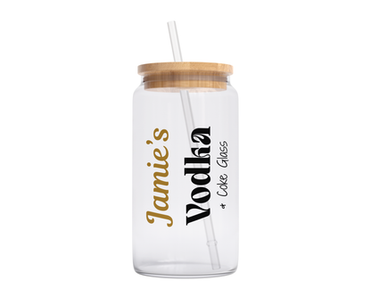 Personalised Clear Glass Tumbler with Lid & Straw - Vodka Design