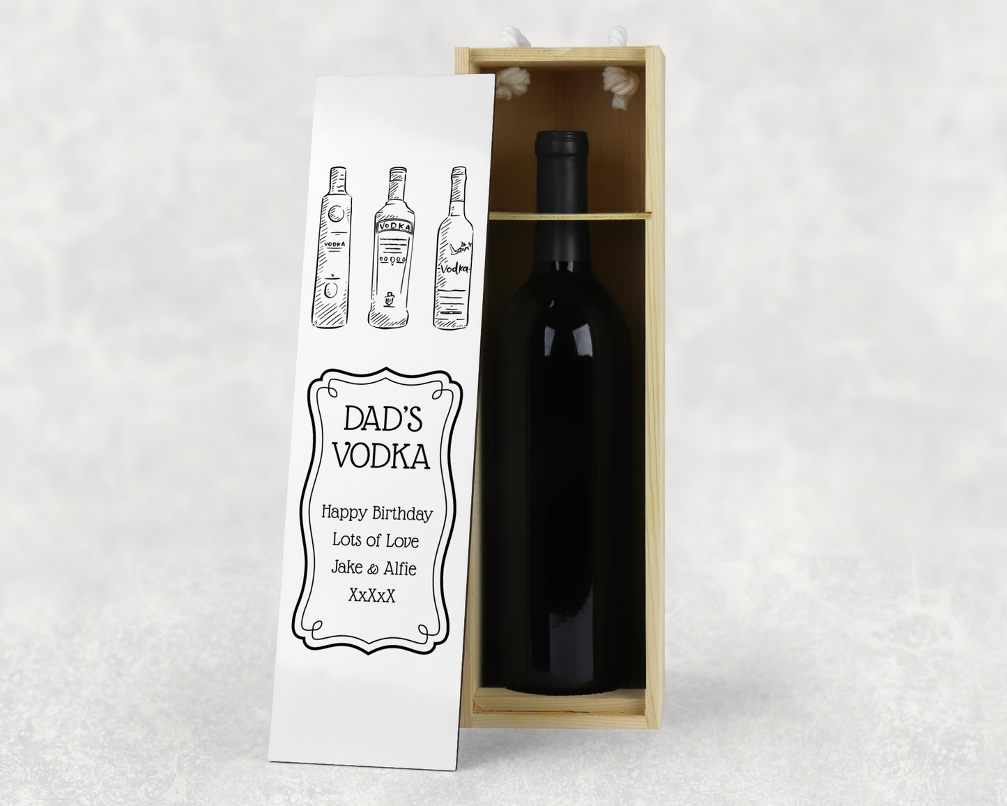 Personalised Wooden Bottle Gift Box - Black & White Vodka Design