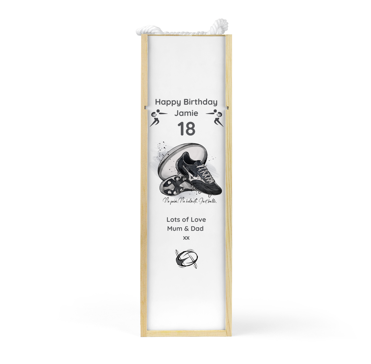 Personalised Wooden Wine Bottle Gift Box - Rugby Design