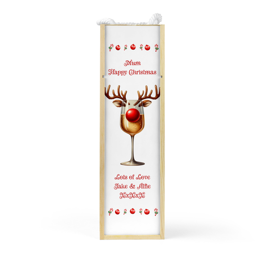 Personalised Wooden Bottle Gift Box - Christmas White Wine Design