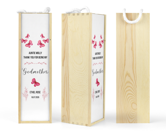 Personalised Wooden Wine Bottle Gift Box - Godmother Thank You