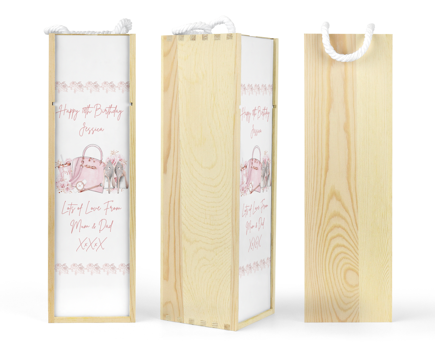 Personalised Wooden Wine Bottle Gift Box - Pink Shoes & Handbag