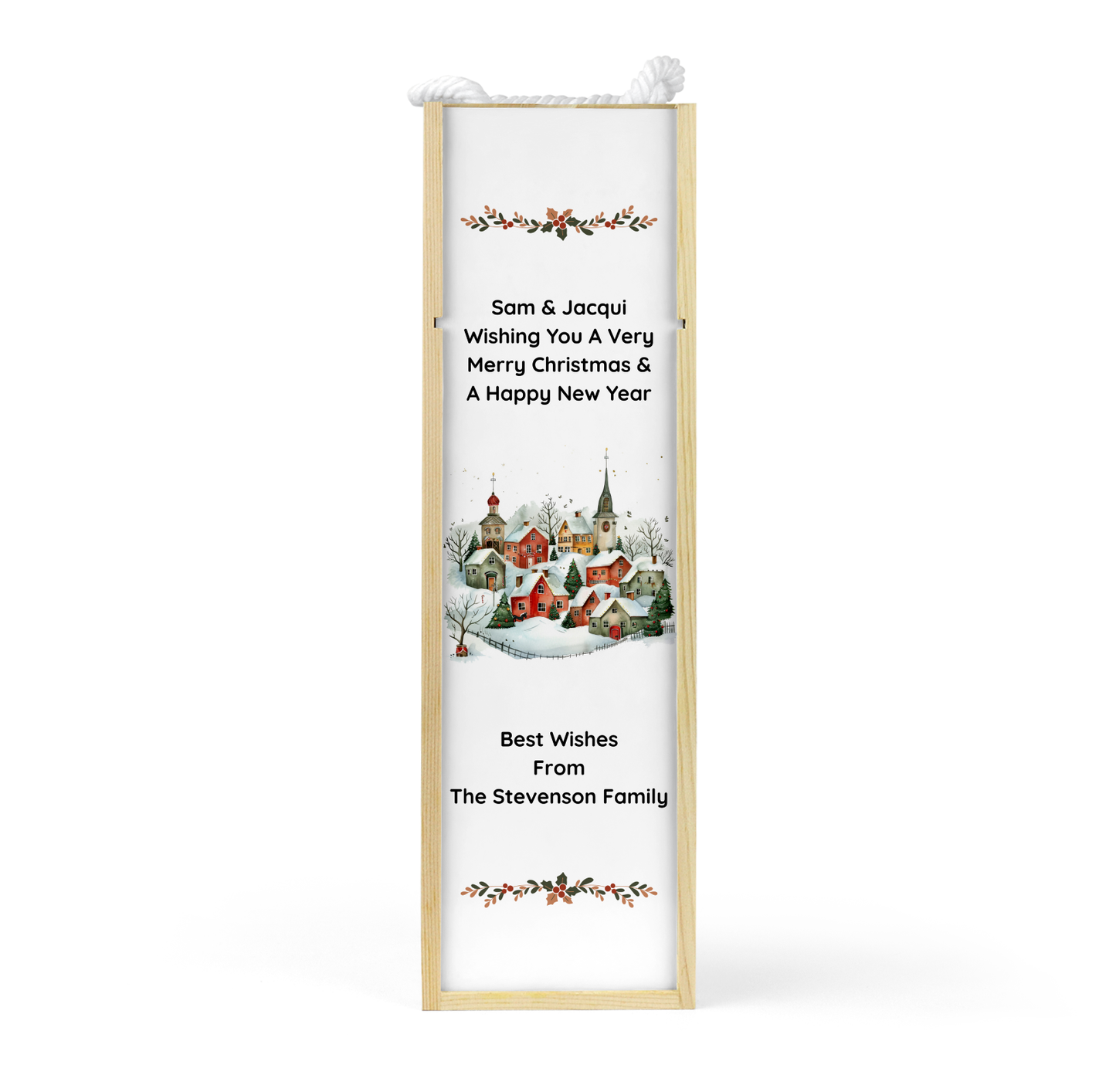 Personalised Wooden Bottle Gift Box - Christmas Village Scene Design