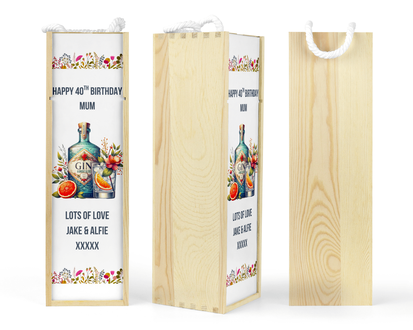 Personalised Wooden Bottle Gift Box - Gin Flowers Design