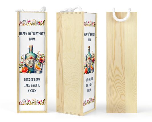 Personalised Wooden Bottle Gift Box - Gin Flowers Design