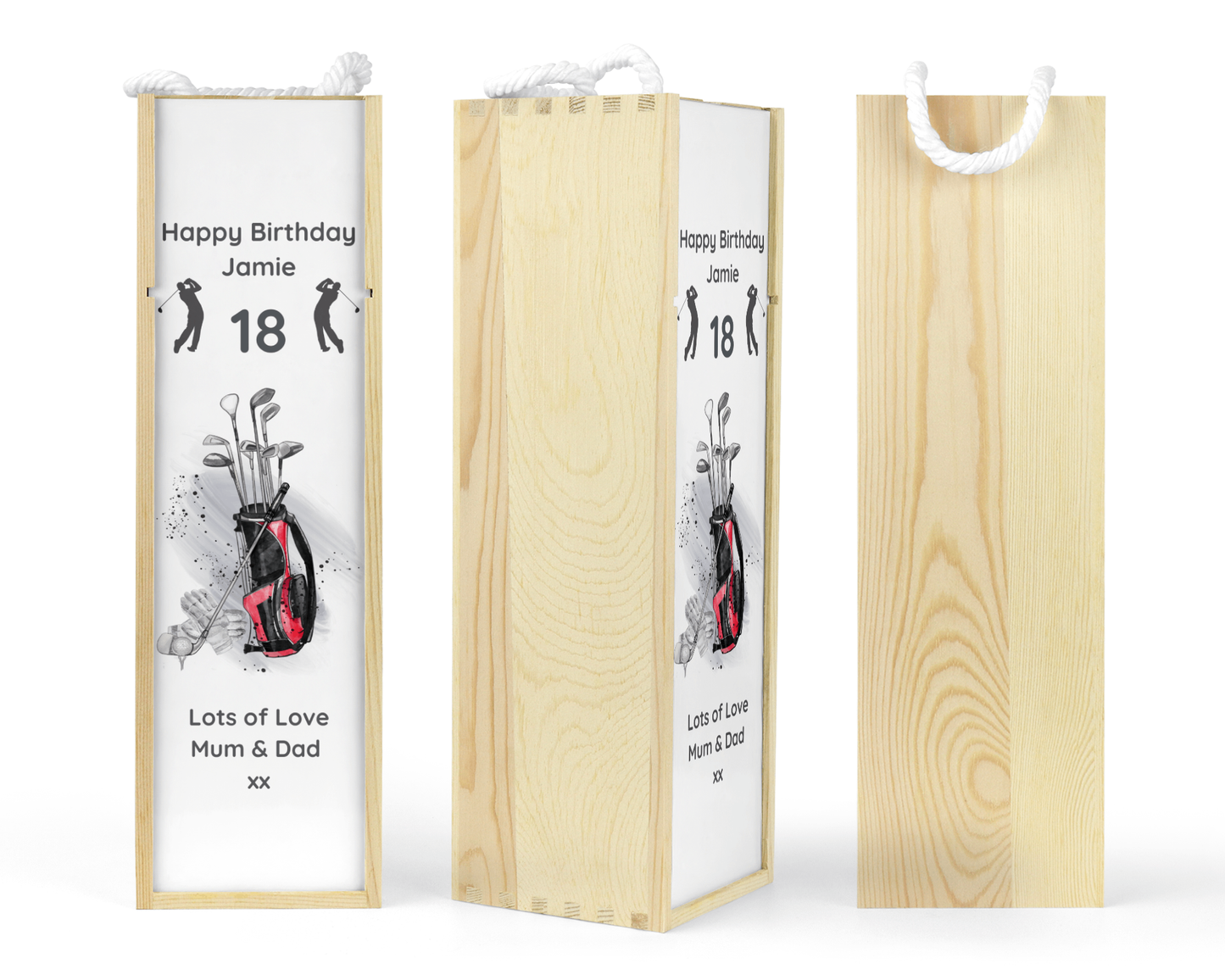 Personalised Wooden Wine Bottle Gift Box - Golf Design
