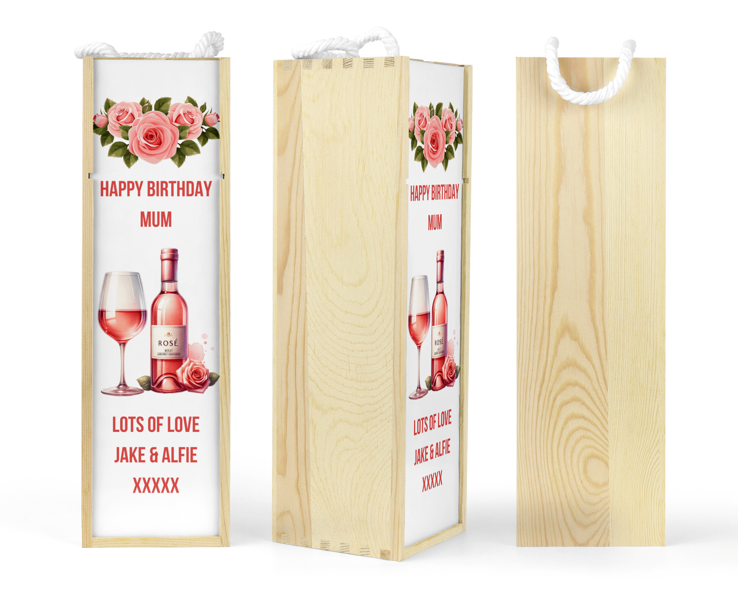 Personalised Wooden Bottle Gift Box - Rose Wine Design