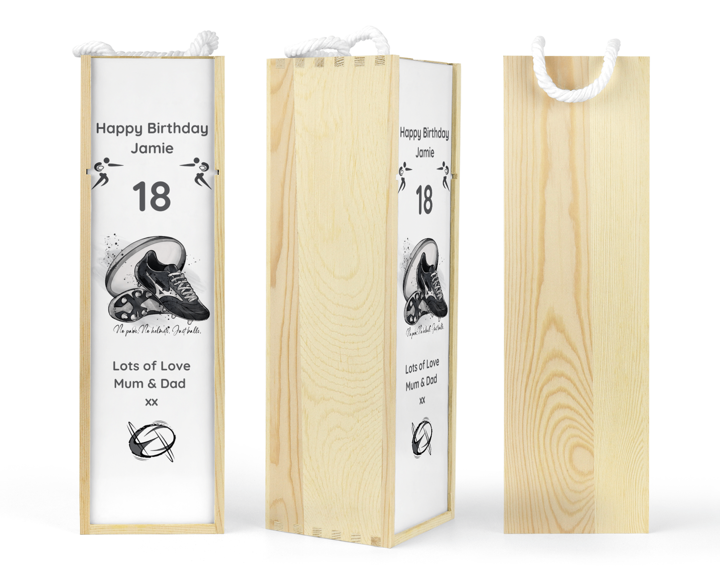 Personalised Wooden Wine Bottle Gift Box - Rugby Design
