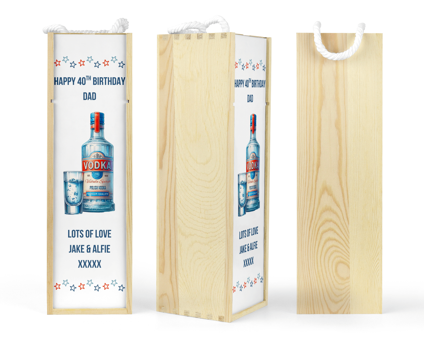 Personalised Wooden Bottle Gift Box - Vodka Blue Design