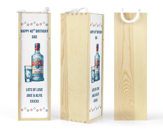 Personalised Wooden Bottle Gift Box - Vodka Blue Design