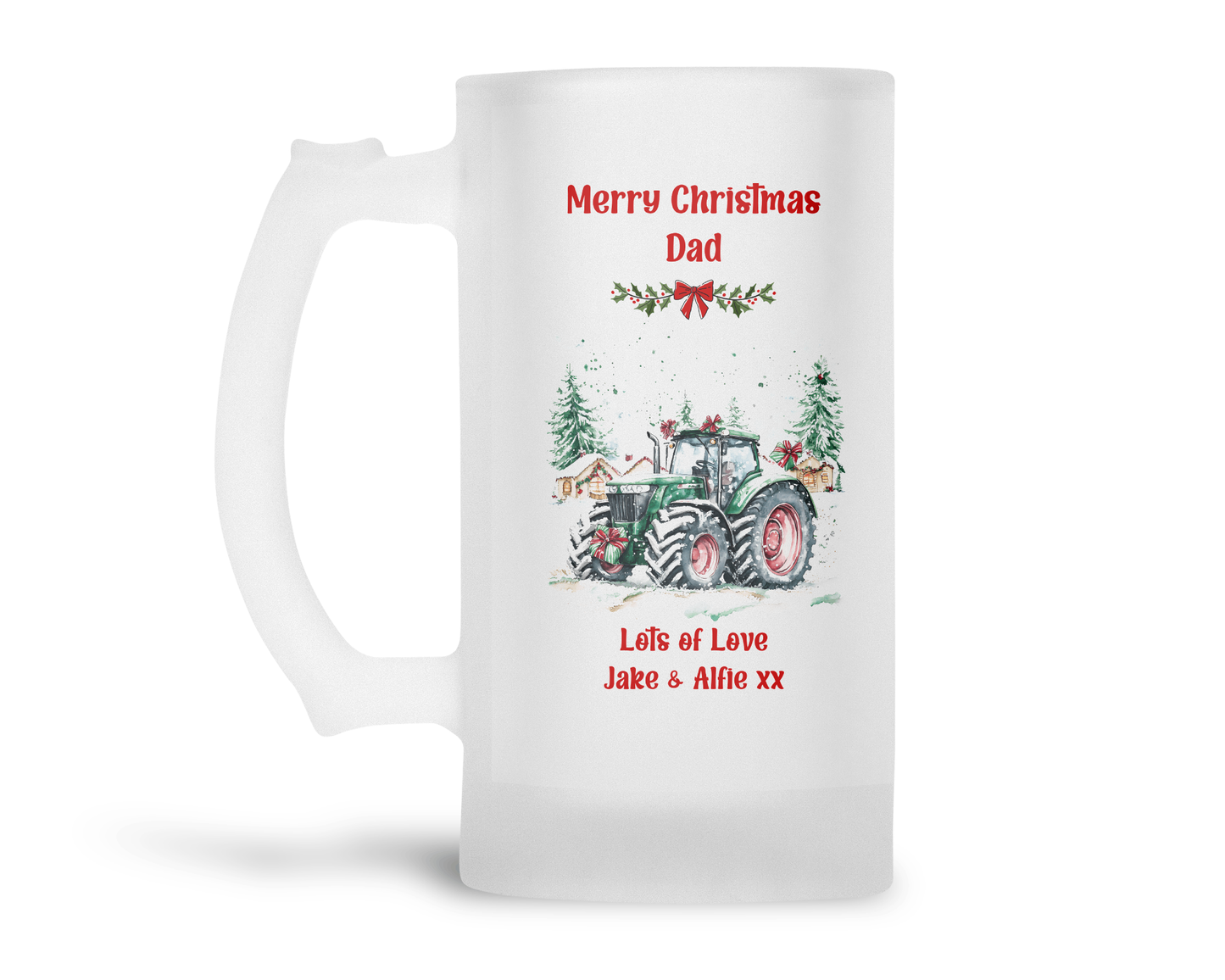 Personalised Frosted Glass Tankard - Christmas Tractor