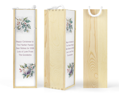 Personalised Wooden Bottle Gift Box - Christmas Holly Design