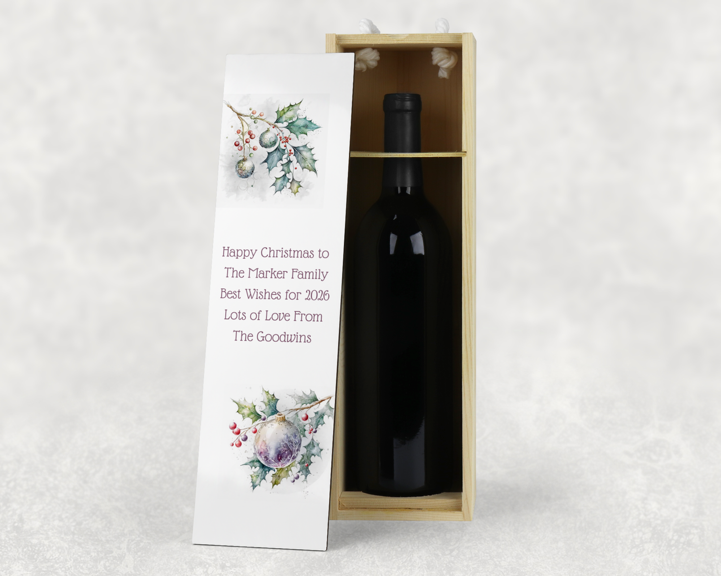 Personalised Wooden Bottle Gift Box - Christmas Holly Design