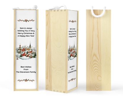 Personalised Wooden Bottle Gift Box - Christmas Village Scene Design