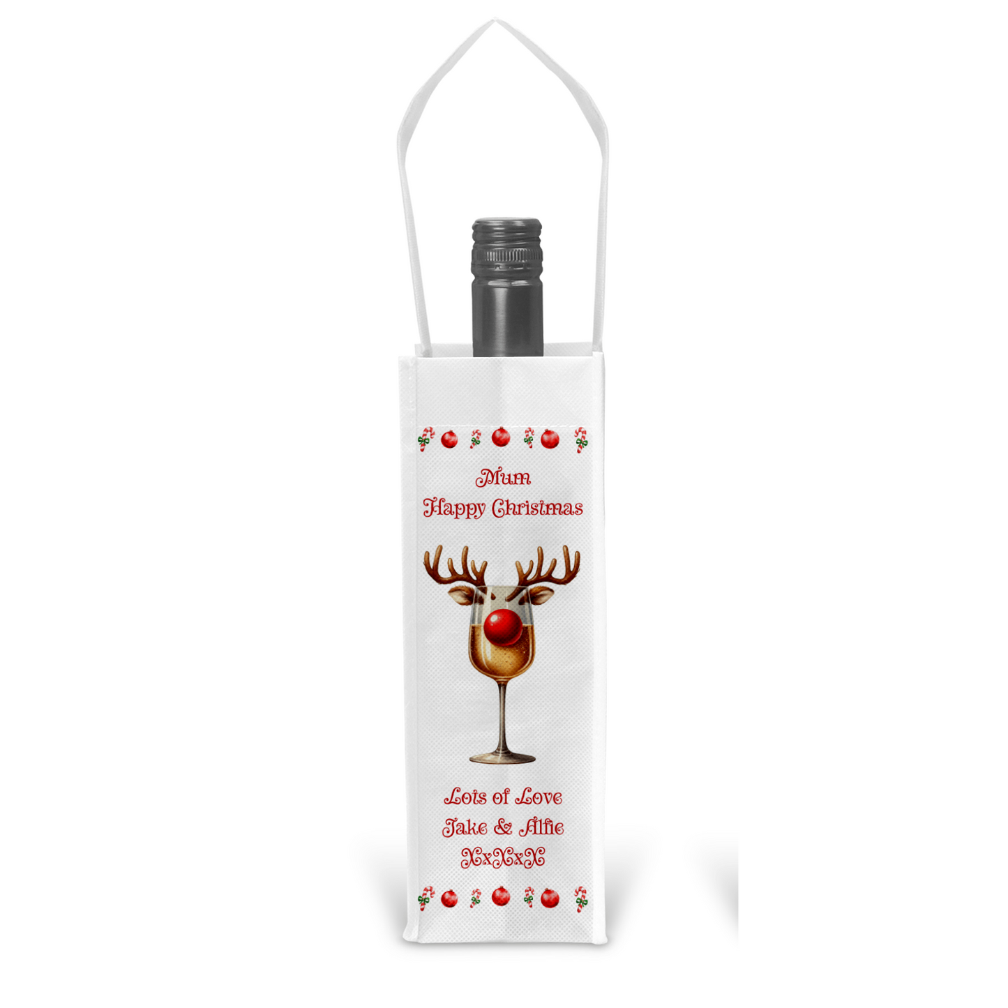 Personalised Bottle Gift Bag - Christmas White Wine Reindeer