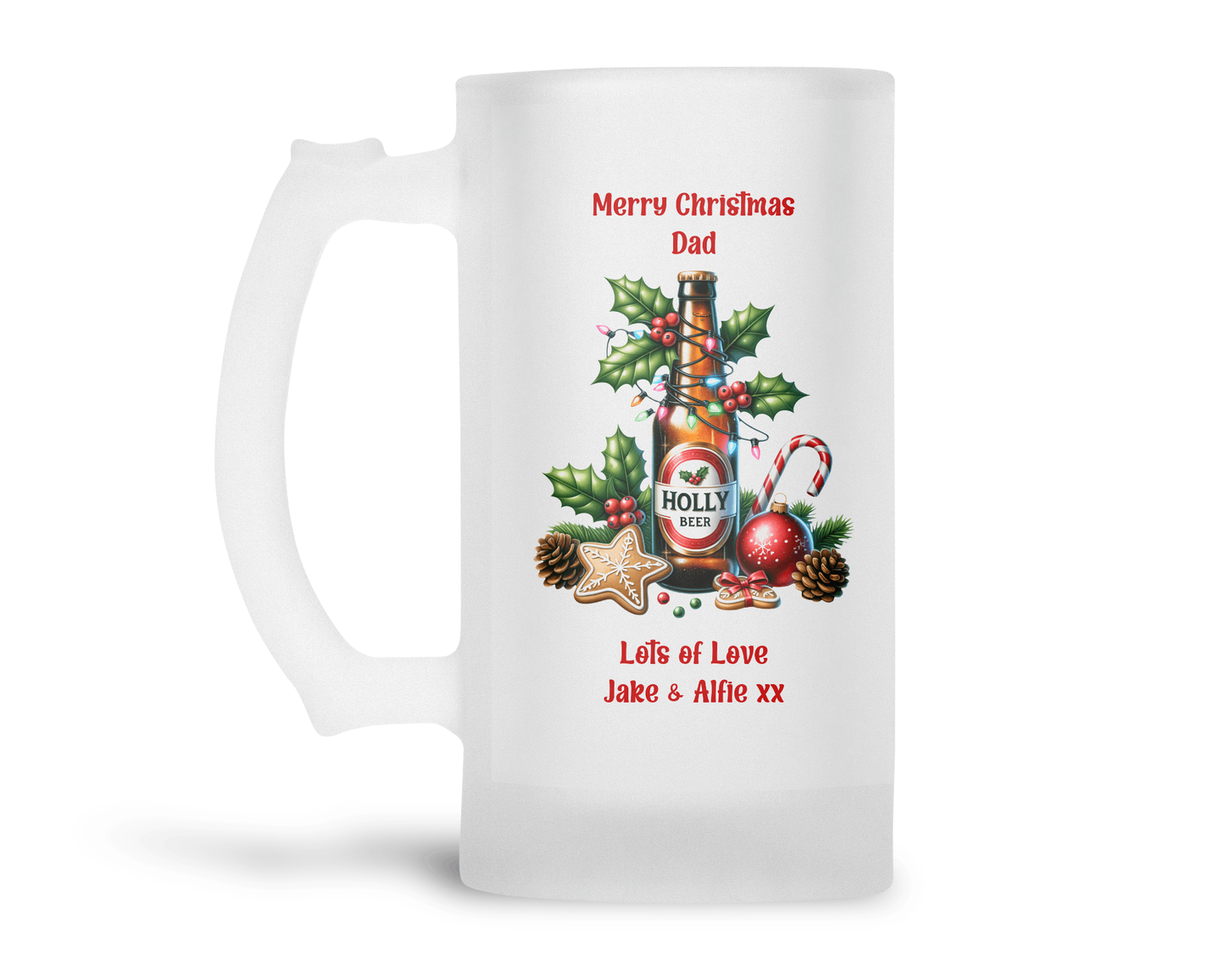 Personalised Frosted Glass Tankard - Christmas Holly Beer